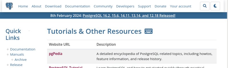 PgPedia linked from postgresql.org